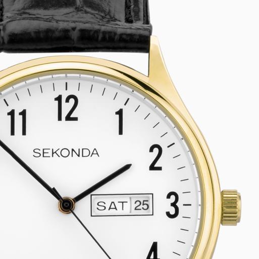 Sekonda Easy Reader Ladies Watch | Gold Alloy Case & Black Leather Strap with White Dial | 30123